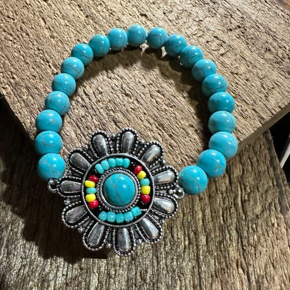 Turquoise Flower Concho Seed Bead Southwestern Bohemian Bracelet‎ - Picture 2 of 6